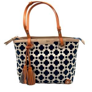 Spartina 449 May River Island Tote Navy Linen Tan Leather Nautical Shoulder Bag